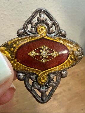 Catherine Popesco France Art Nouveau Red Enamel Rhinestone Brooch Pin